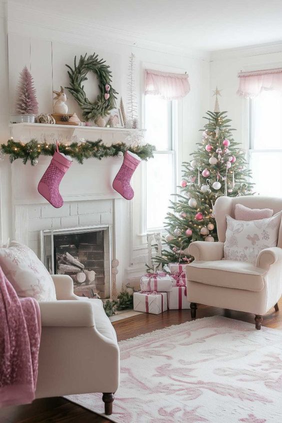 Charming Pink Christmas Living Room