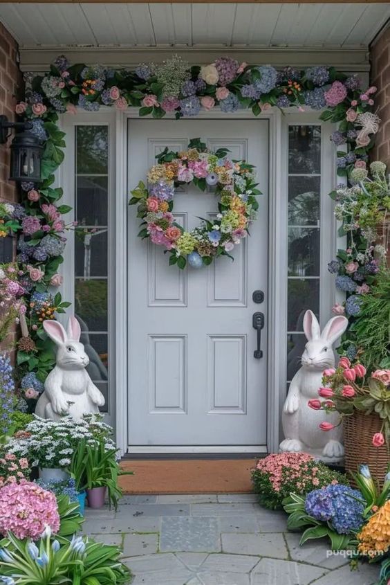 Floral Bunny-Themed Front Porch Display