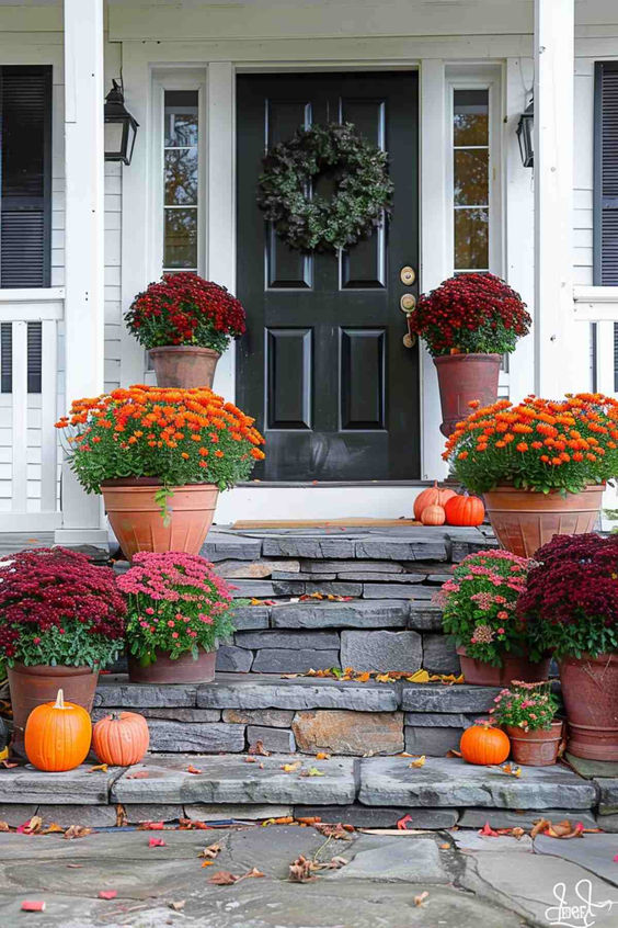 Layered Mums and Pumpkins Display