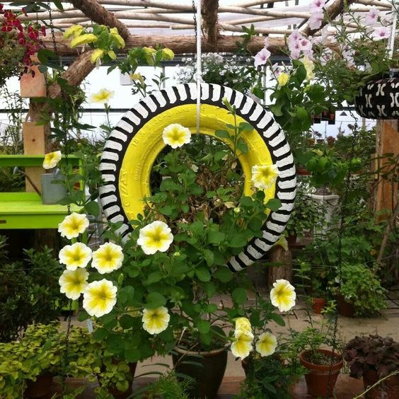 Striped Hanging Tire Planter