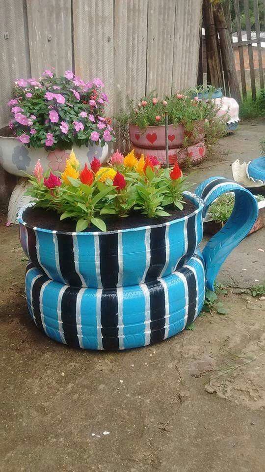 Striped Teacup Tire Planter