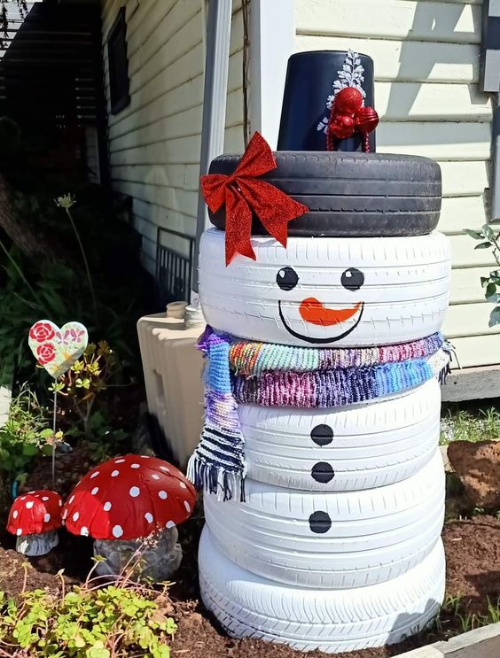 Upcycled Tire Snowman Delight