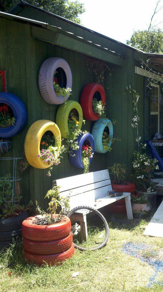 Vibrant Hanging Tire Wall Planters