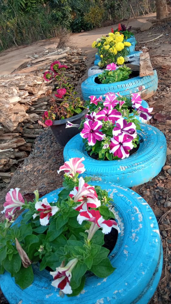 Vibrant Tire Planter Pathway