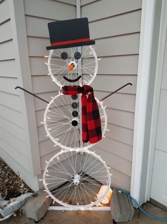 Whimsical Bicycle Wheel Snowman