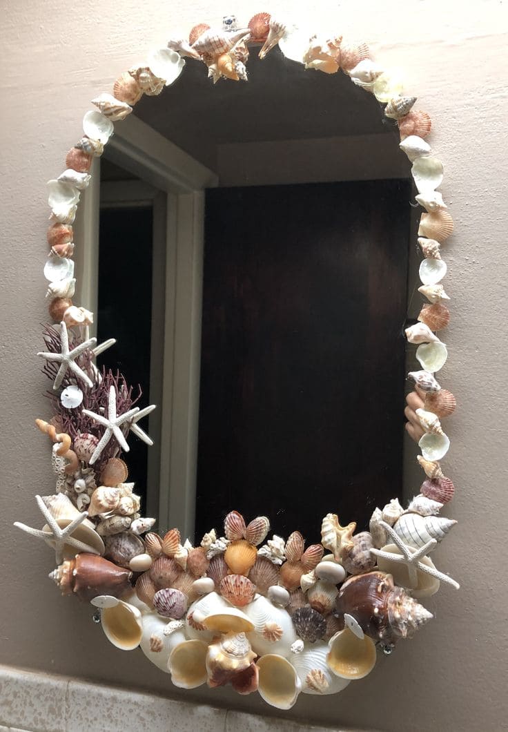 Seashell-Adorned Coastal Mirror Frame