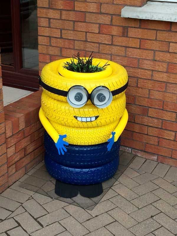 Adorable Tire Minion Planter for Gardens