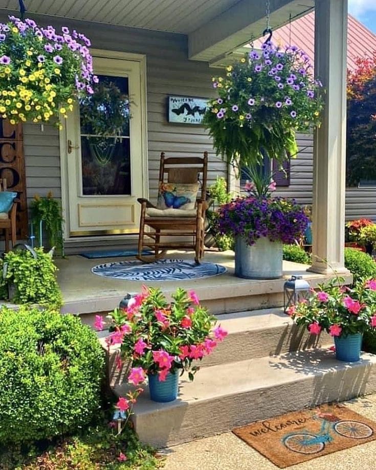 Bloom-Filled Porch with Rustic Charm