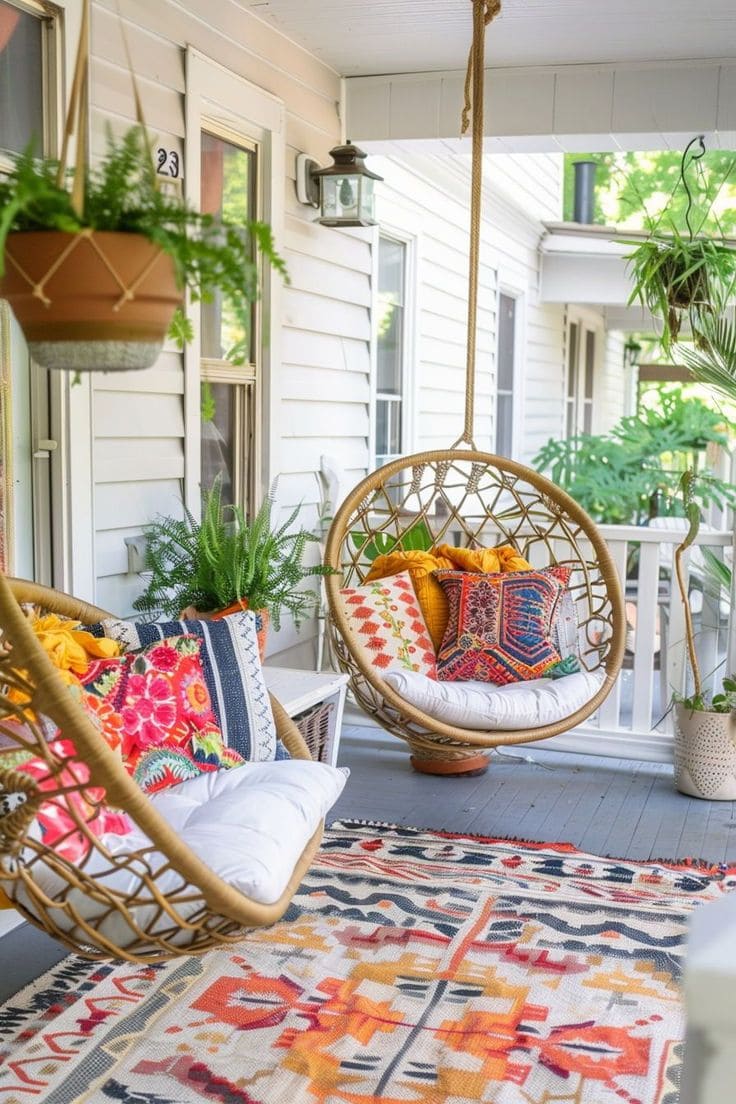 Boho-Chic Porch with Vibrant Swings