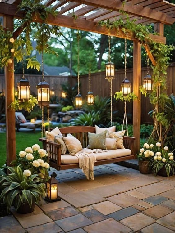 Charming Pergola Swing with Lantern Glow