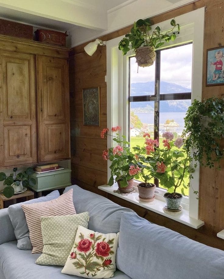 Cozy Cottage Window Sill with Greenery