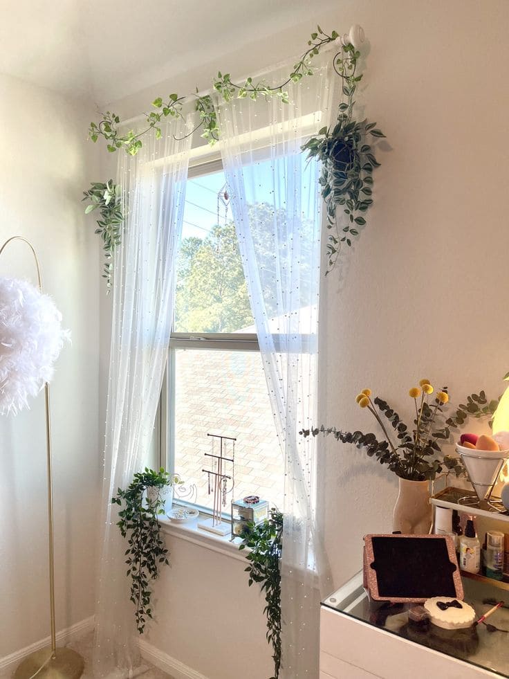 Dreamy Window Drapes with Lush Greenery