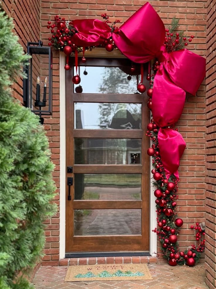 Elegant Red Ribbon Christmas Door