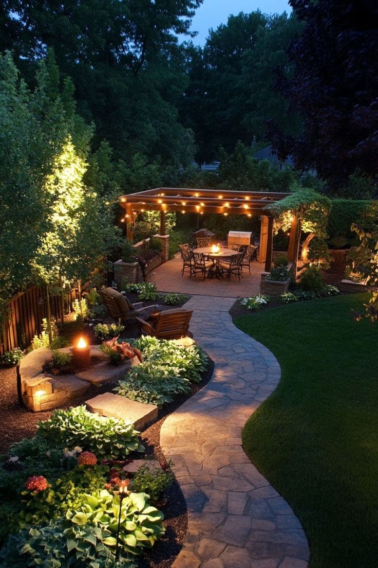 Enchanting Backyard Haven with Pathway Glow