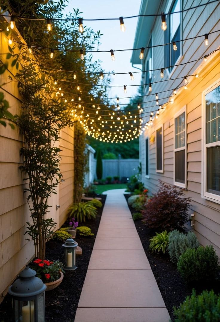 Enchanting String-Lit Side Yard Pathway