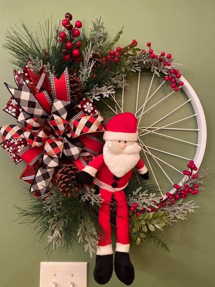 Festive Bicycle Wheel Santa Wreath