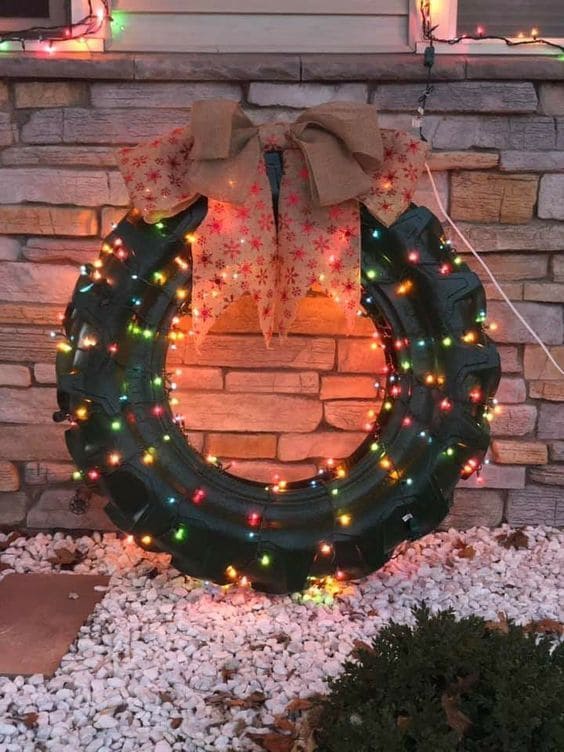 Festive Tire Wreath with Twinkling Lights