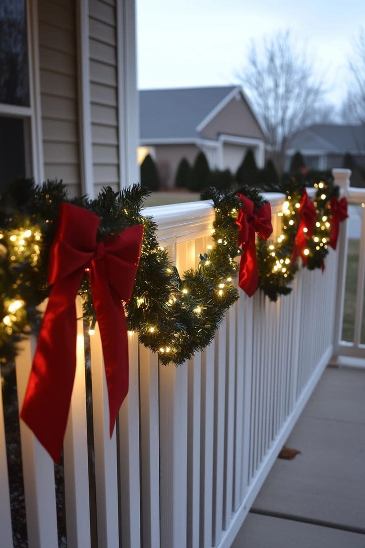 Glowing Garland Elegance with Crimson Bows