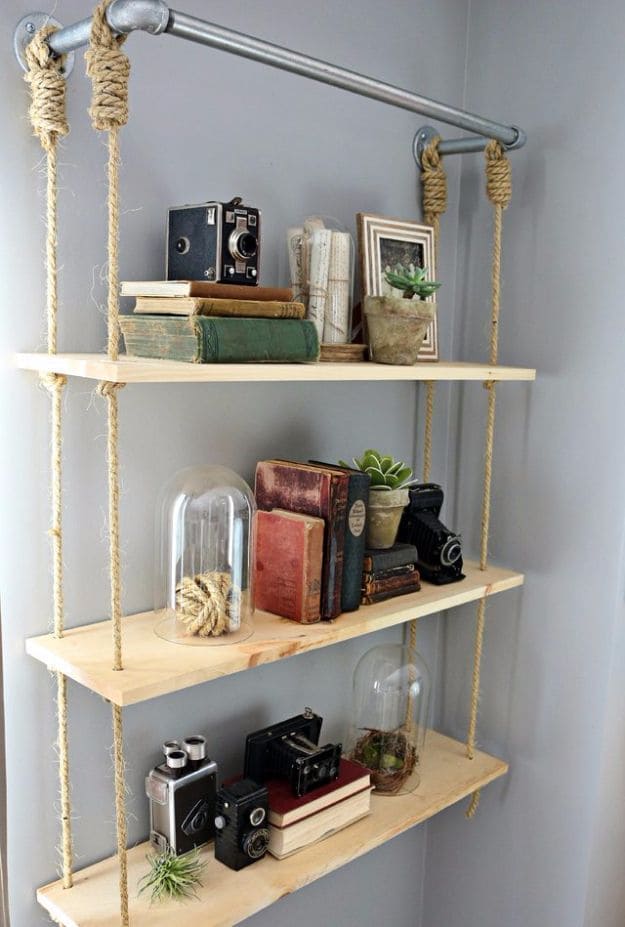 Industrial Rope and Wood Hanging Shelf