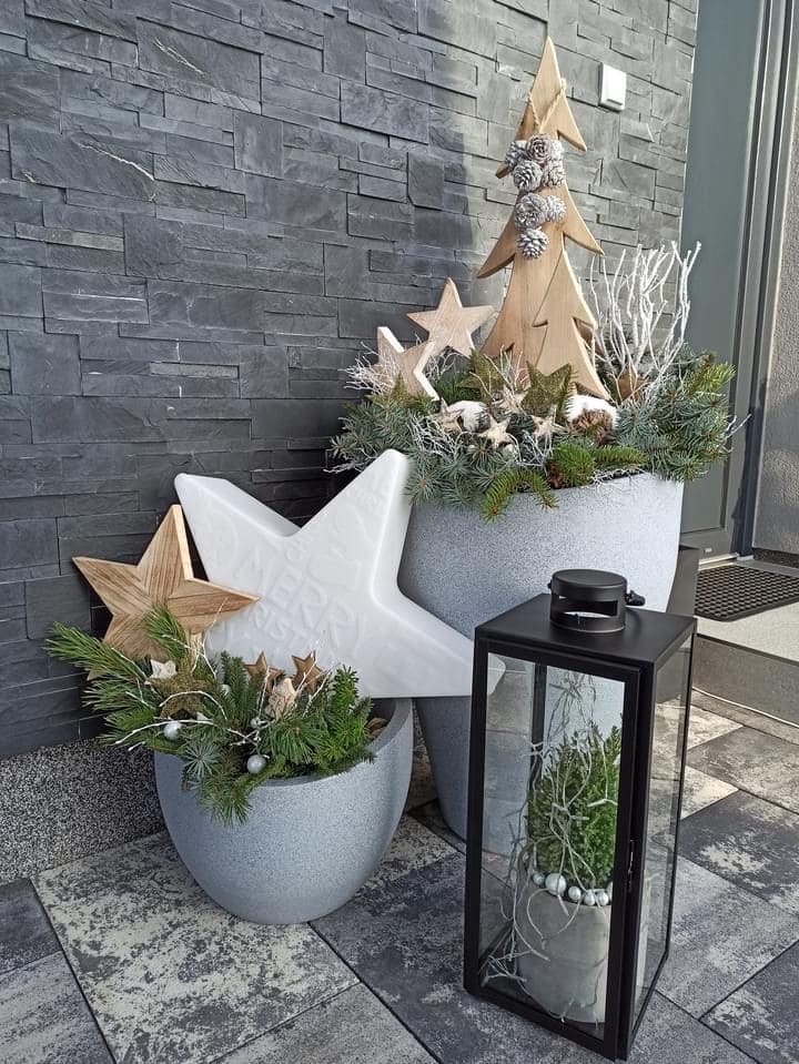 Modern Rustic Christmas Porch Planters