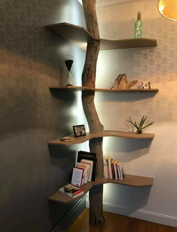 Rustic Tree-Inspired Corner Shelves