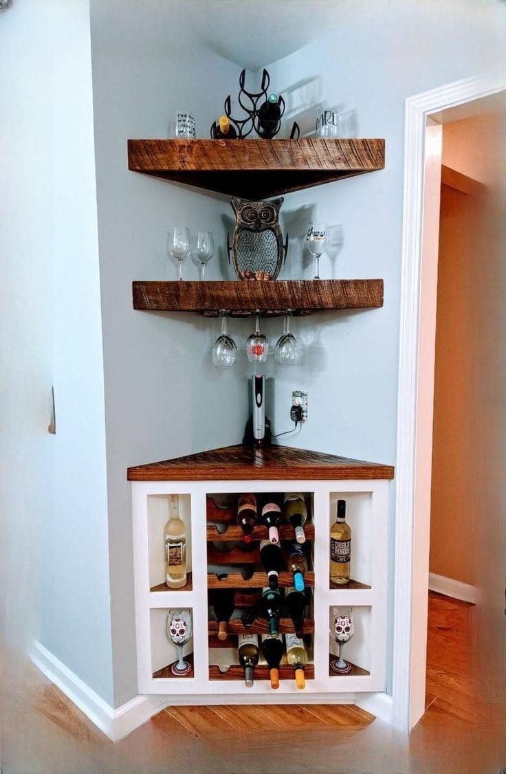 Rustic and Practical Corner Wine Shelf