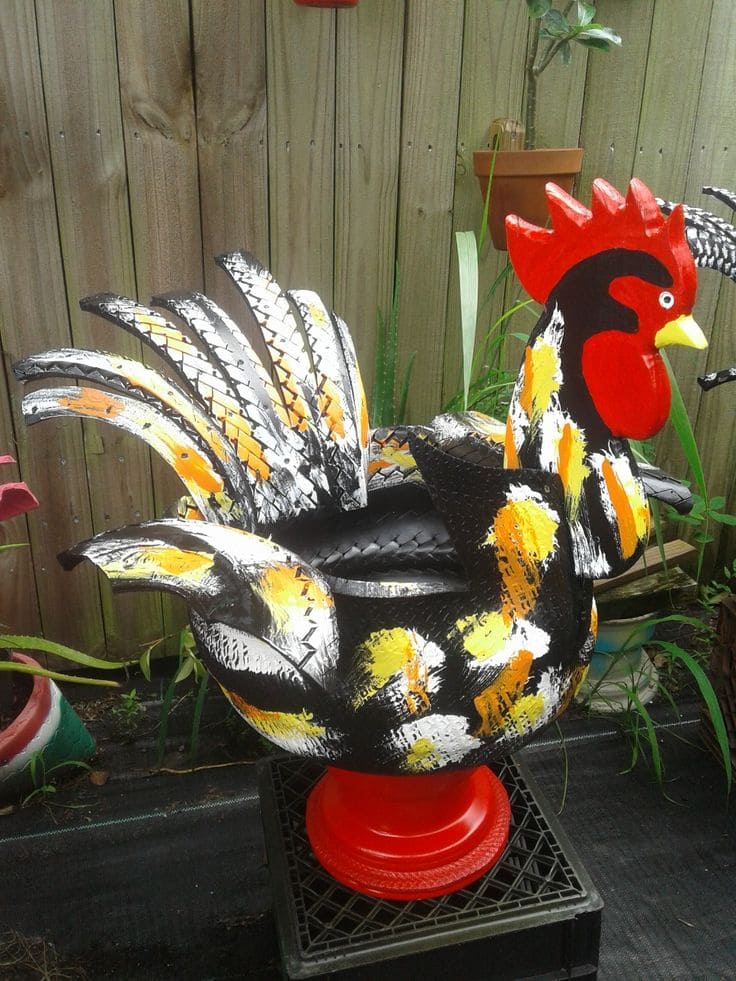 Vivid Rooster Tire Sculpture Planter