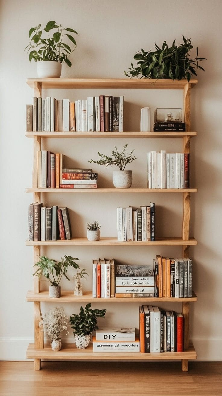 Wooden Bookshelf with Plant Holders