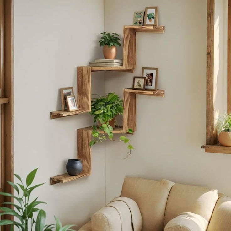 Zigzag Minimalist Wooden Corner Shelves