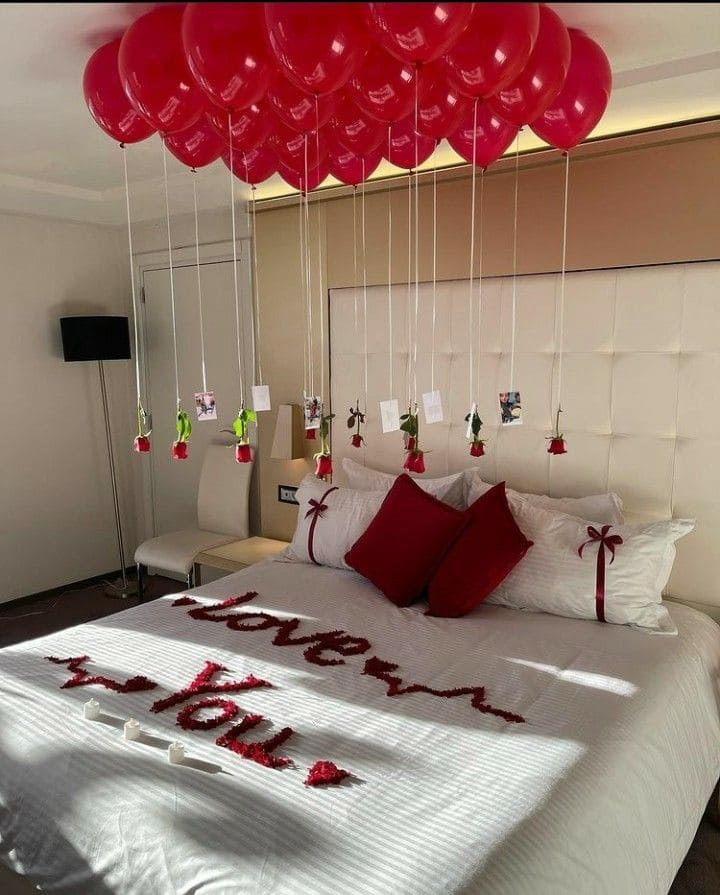 Bedroom with Floating Balloons and Love Letters