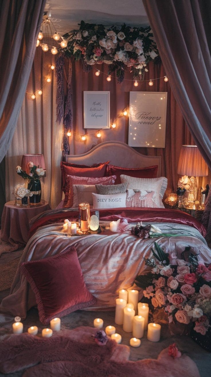 Bedroom with Floral Elegance and Warm Candlelight