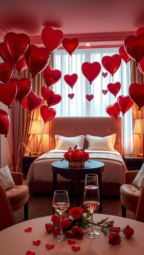 Bedroom with Heart-Shaped Balloons and Roses