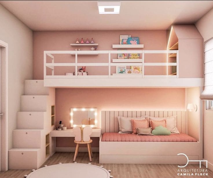 Blush Bunk Bed with Study Nook