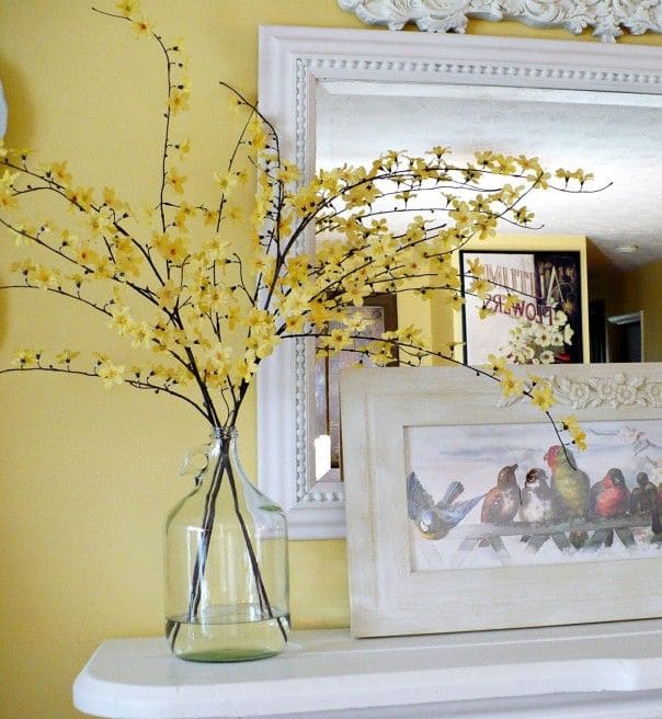 Bright Forsythia Mantelpiece with Bird Art