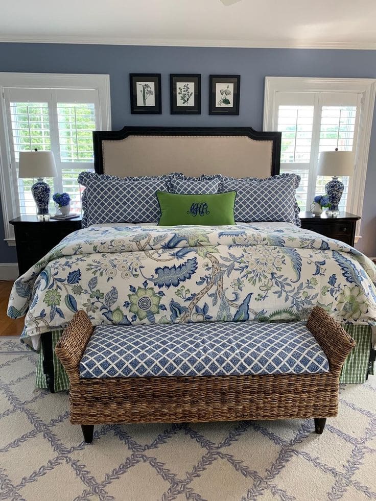 Charming Blue Bedroom with Cozy Bench