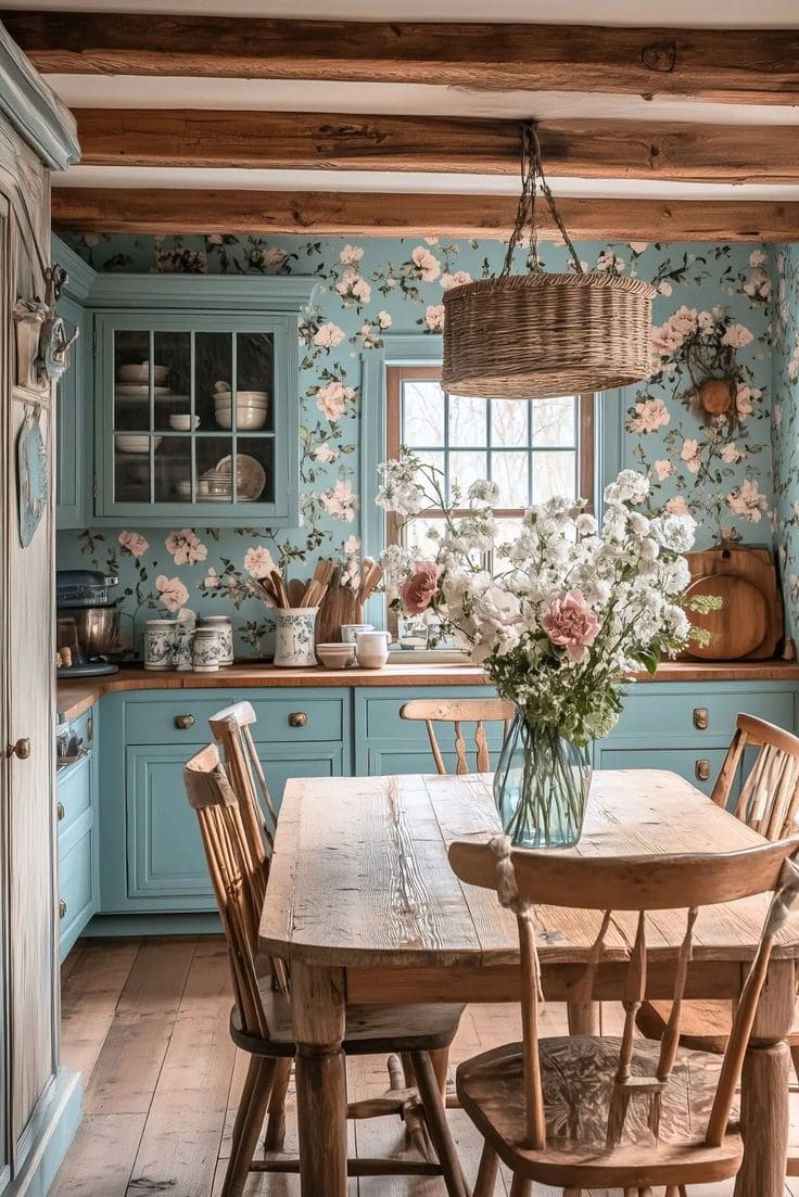 Charming Floral Wallpaper for a Rustic Kitchen