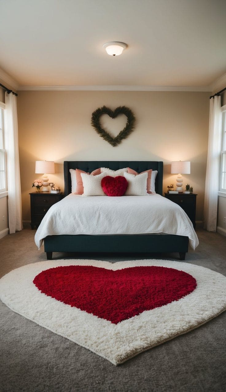 Charming Romantic Bedroom with Heart-Shaped Rug