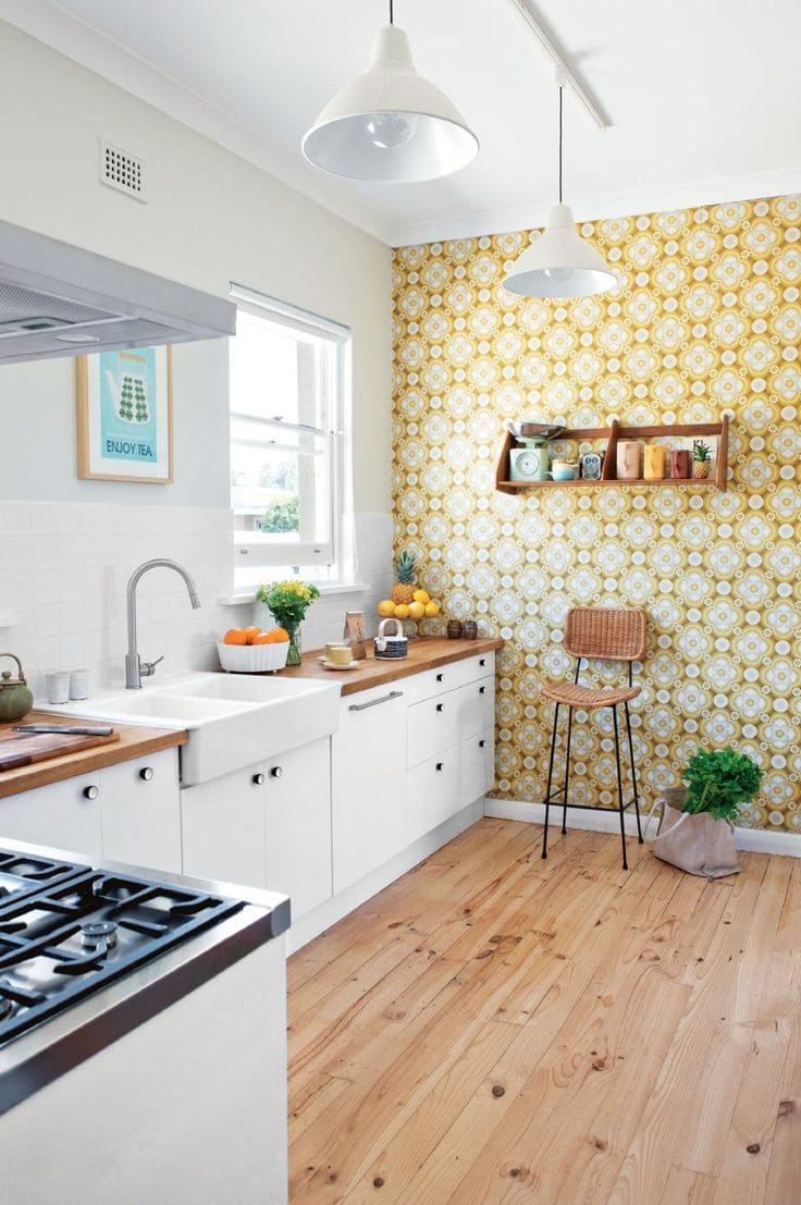 Cheerful Vintage-Inspired Yellow Kitchen Wallpaper