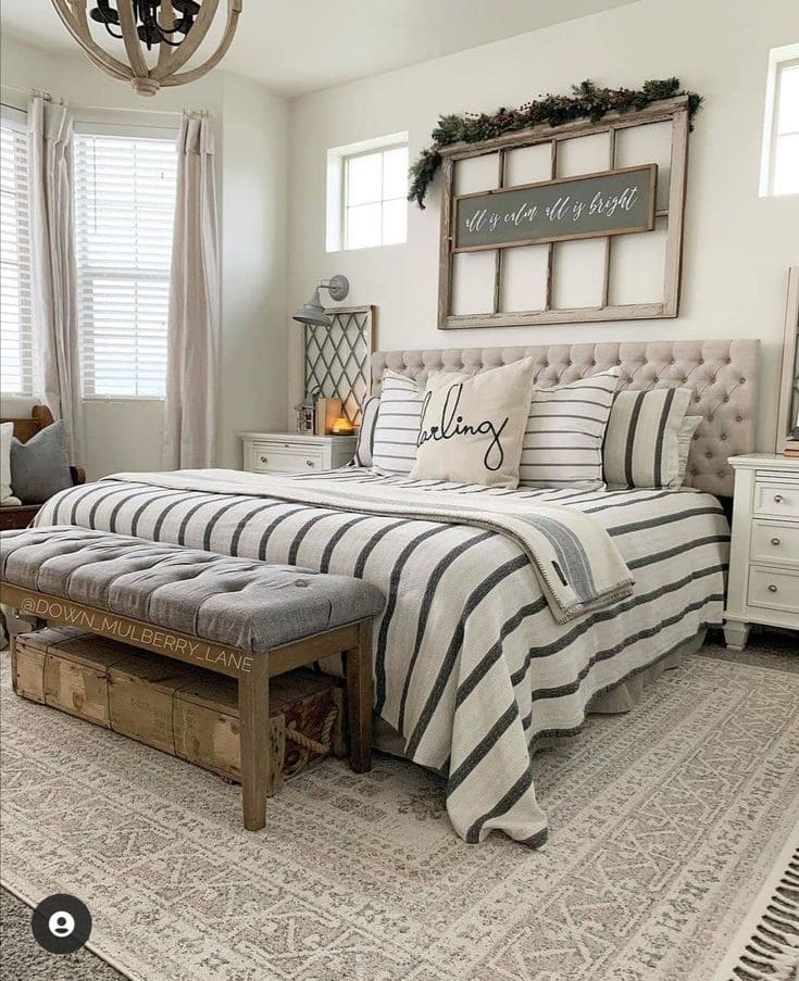 Cozy Farmhouse Bedroom with Upholstered Bench