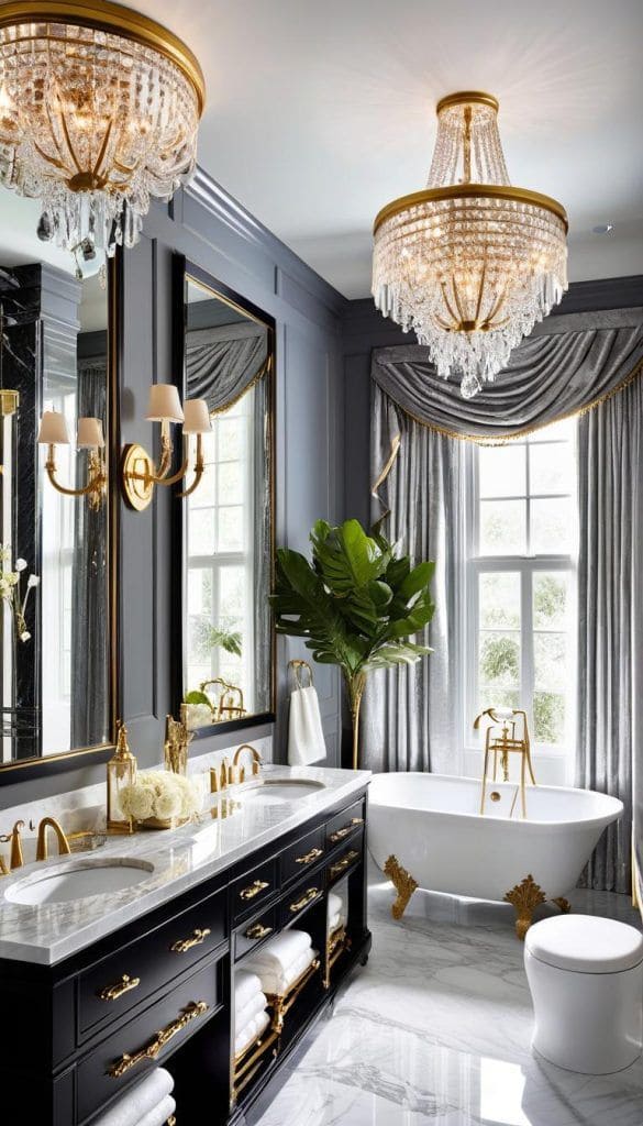 Crystal Chandeliers and Gold Bathroom Elegance