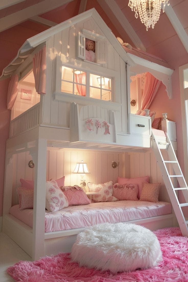 Dreamy Pink Dollhouse Bunk Bed Delight