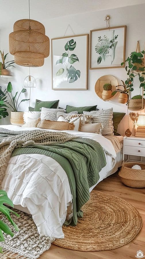 Earthy Green Oasis Bohemian Bedroom Style