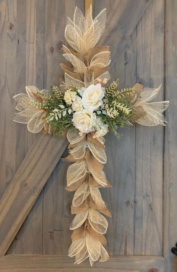 Elegant Burlap and Floral Easter Cross