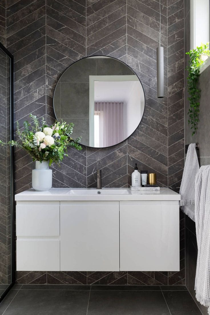 Elegant Chevron-Patterned Grey Bathroom Bliss