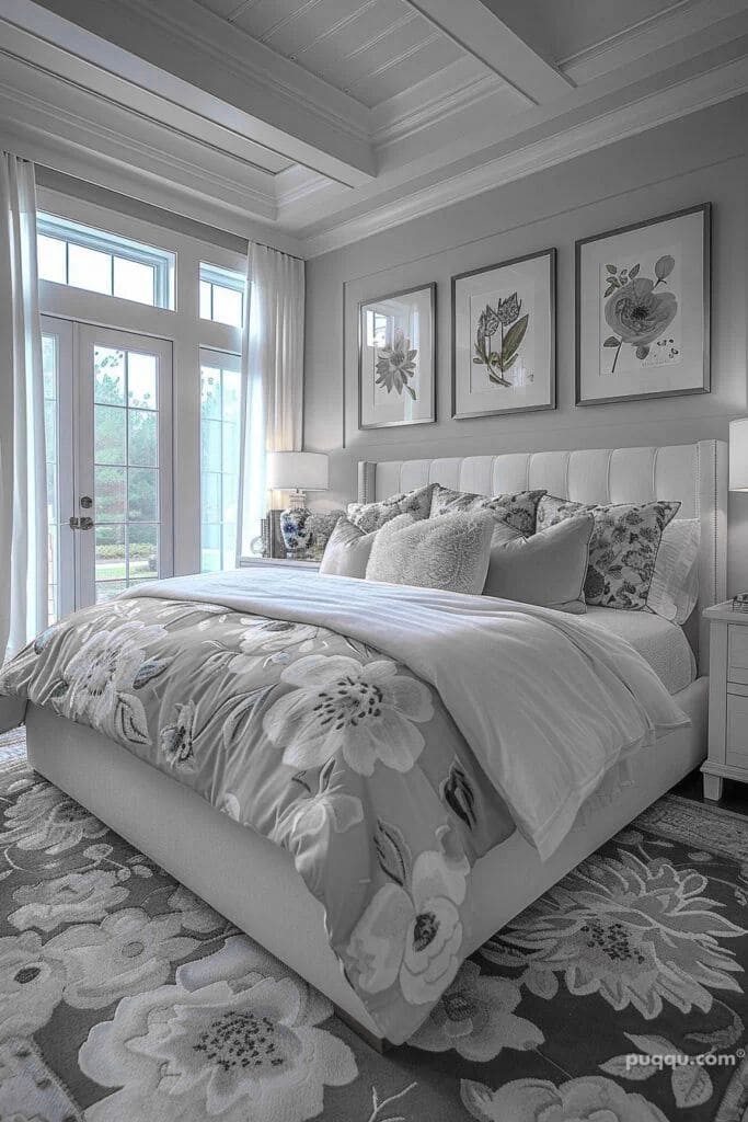 Elegant Floral Silver Grey Bedroom Design