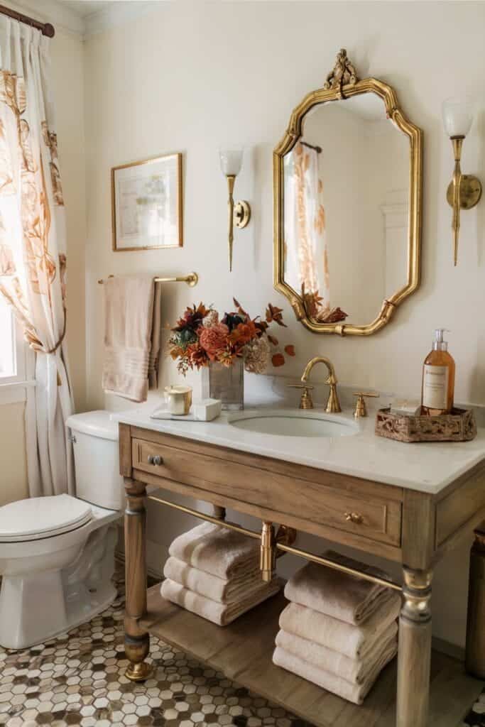 Elegant Gold-Accented Vintage Bathroom Design