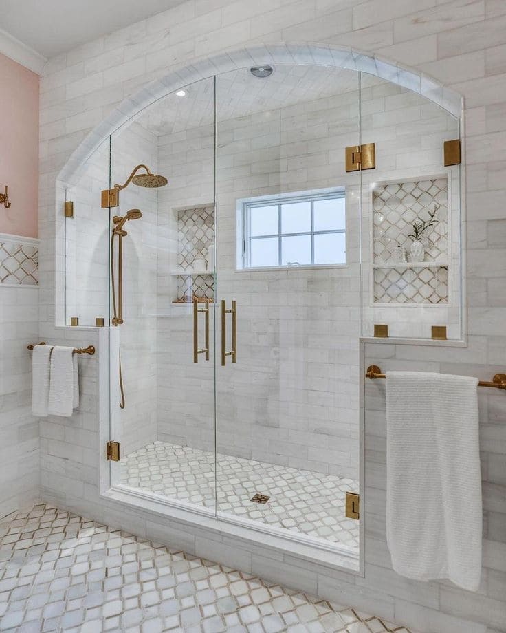 Elegant Gold-Accented Walk-In Shower