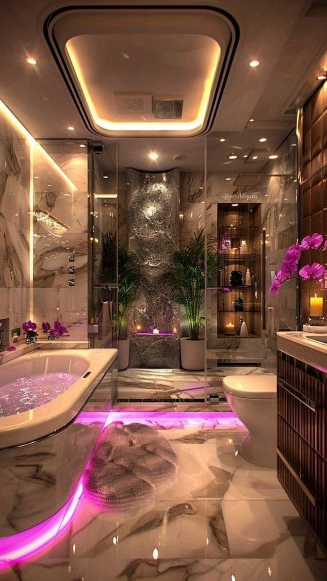 Enchanting Marble Bathroom with Neon Glow