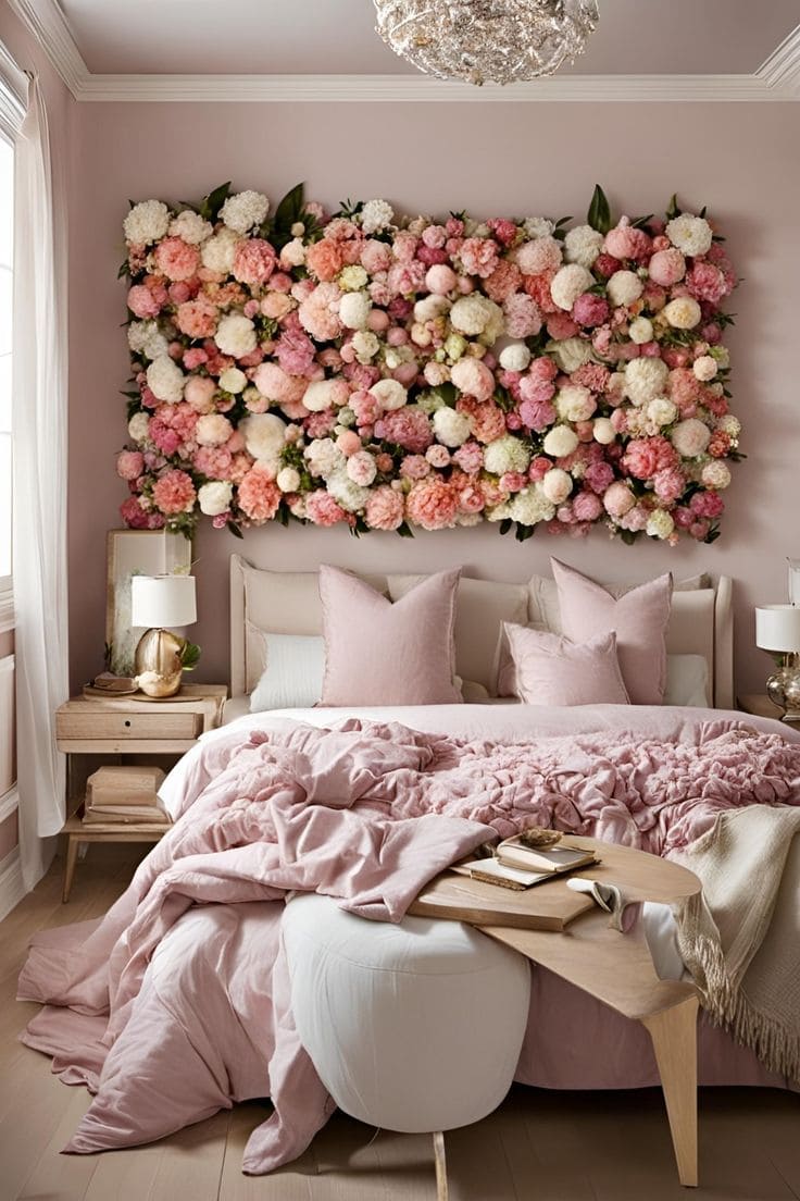 Floral Wall Bedroom Design with Soft Pink Tones