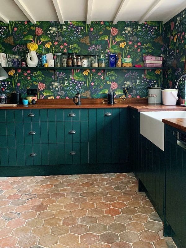 Forest-Inspired Vibrant Kitchen Wallpaper